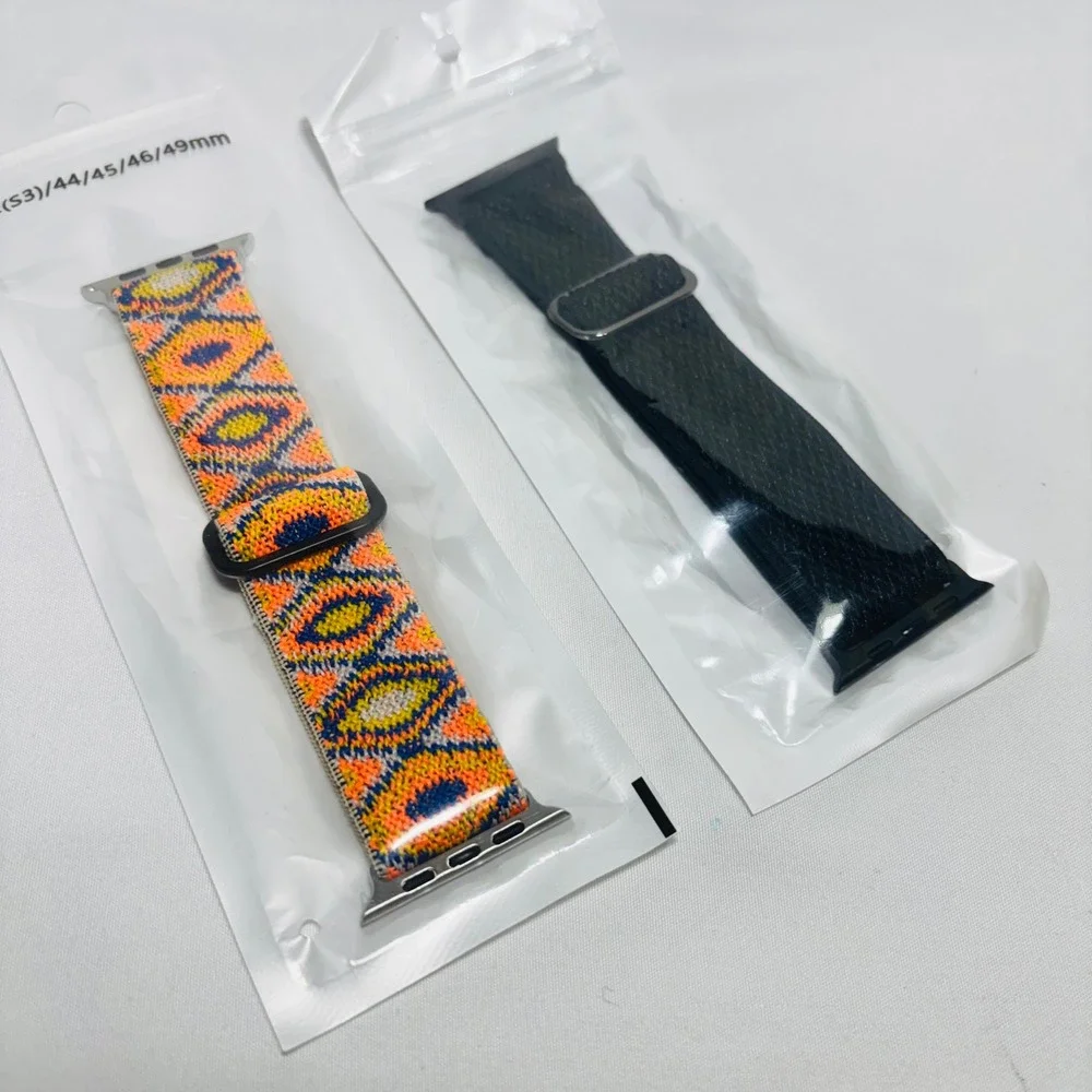 2 Pack Apple Watch Stretchy Solo Loop Bands Black Orange Boho 42-49mm